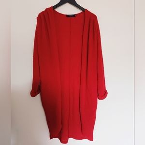 Red Waffle Knit Oversized Open Cardigan Duster Sweater Bold Tunic Office Lounge